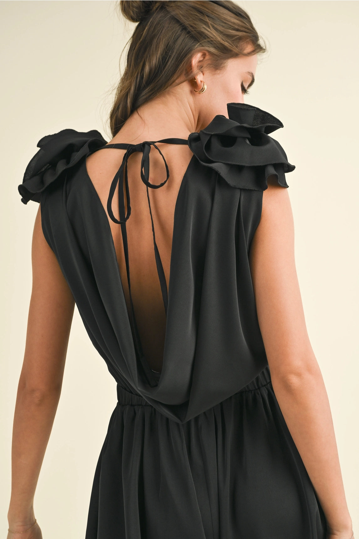 Rosette Cowl Neck Romper - Black