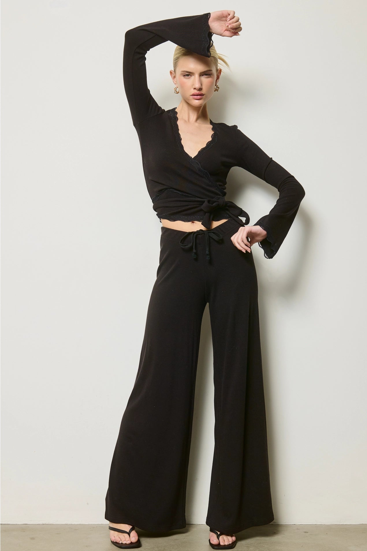 Scallop Wrap Top & Pants Set - Black