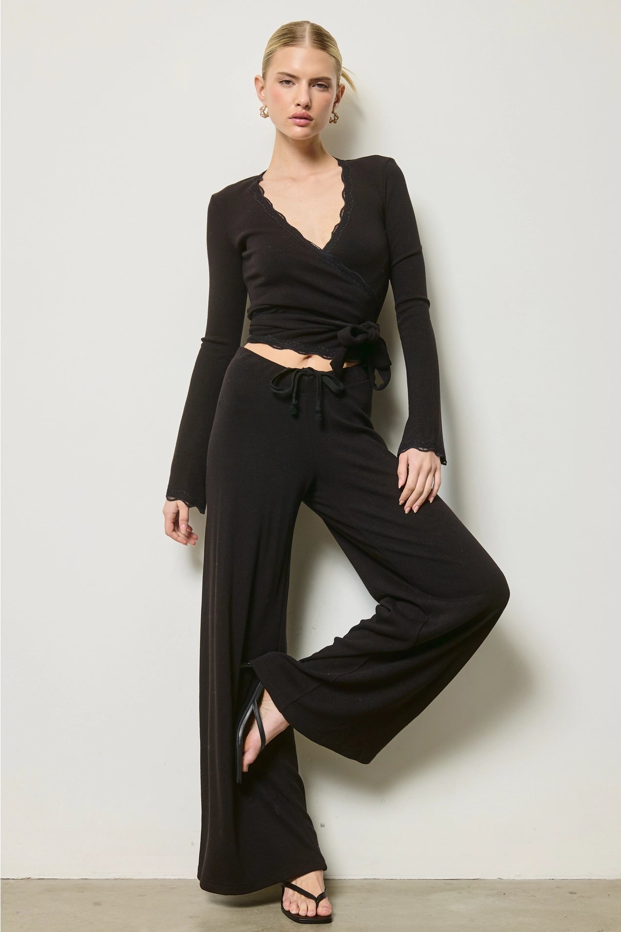Scallop Wrap Top & Pants Set - Black