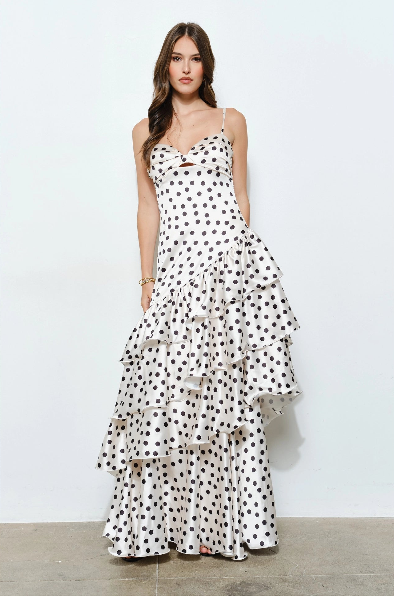 Satin Polka Dot Ruffle Maxi Dress - White Satin Polka Dot Ruffle Maxi Dress - White