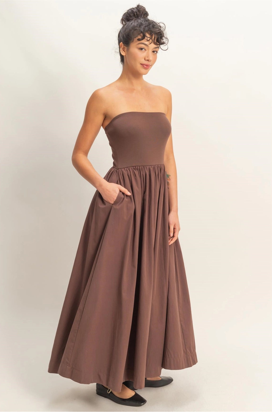 Strapless Flowy Midi Dress - Chocolate