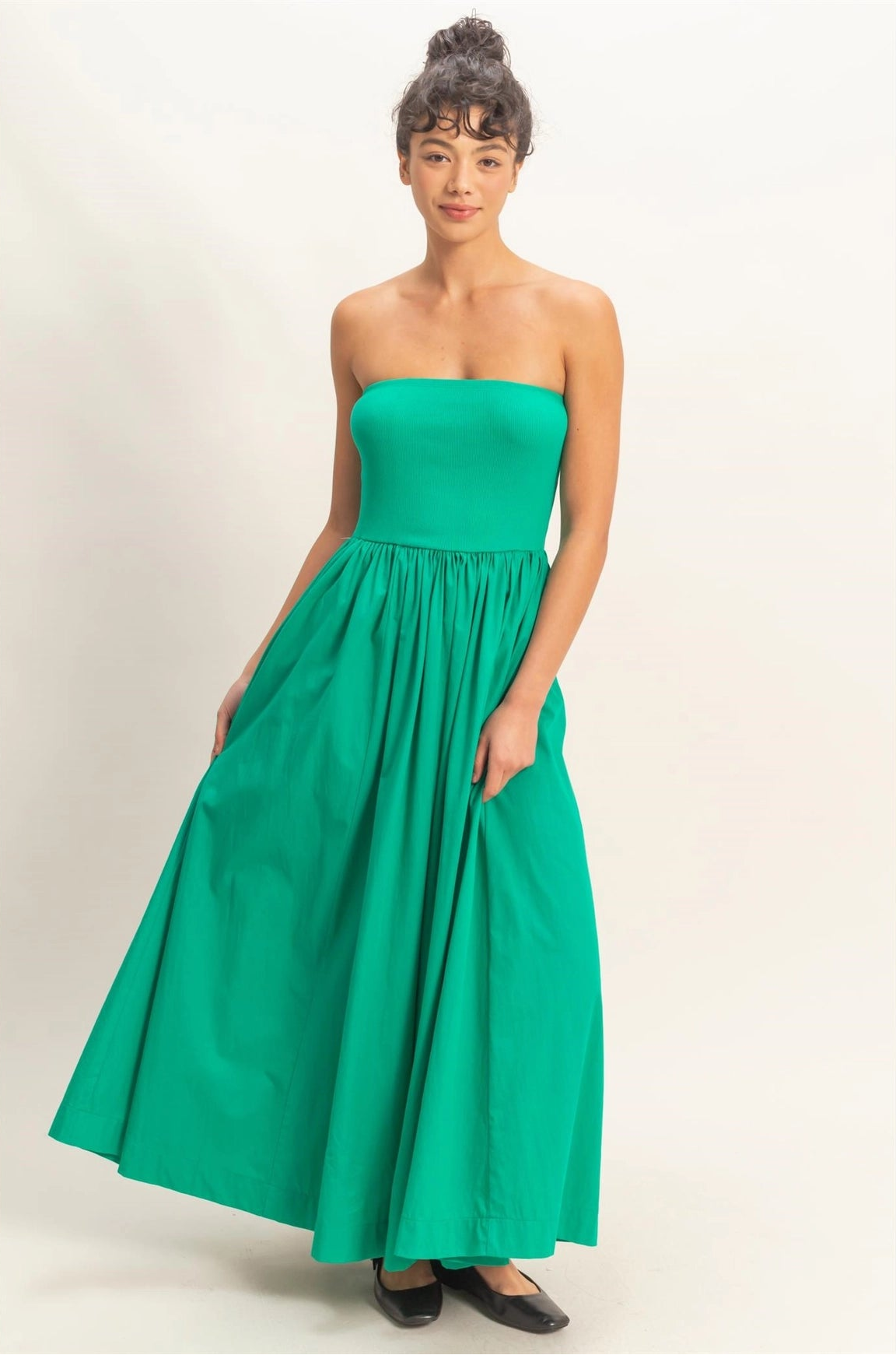 Strapless Flowy Midi Dress - Green