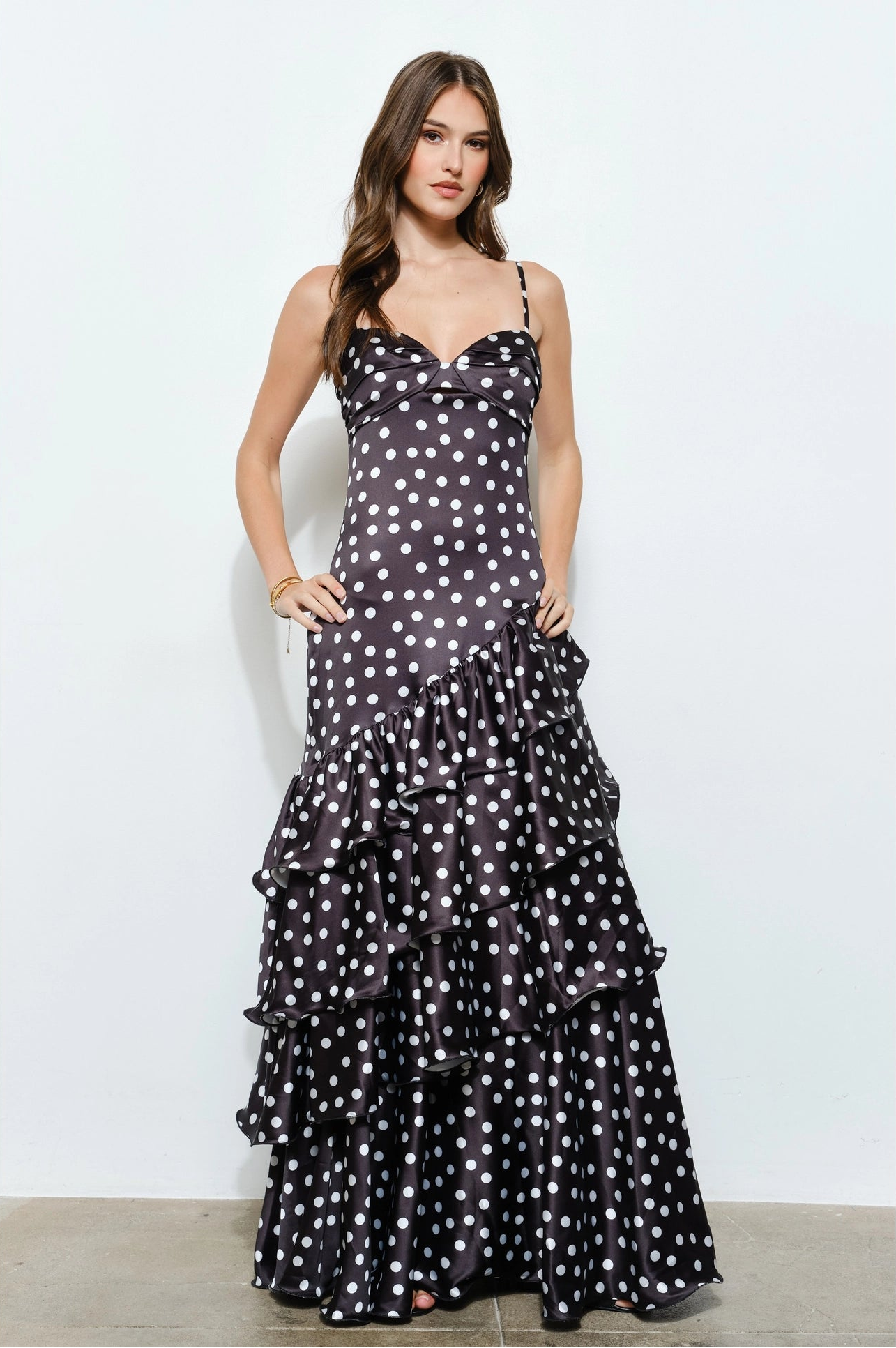 Satin Polka Dot Ruffle Maxi Dress - Black