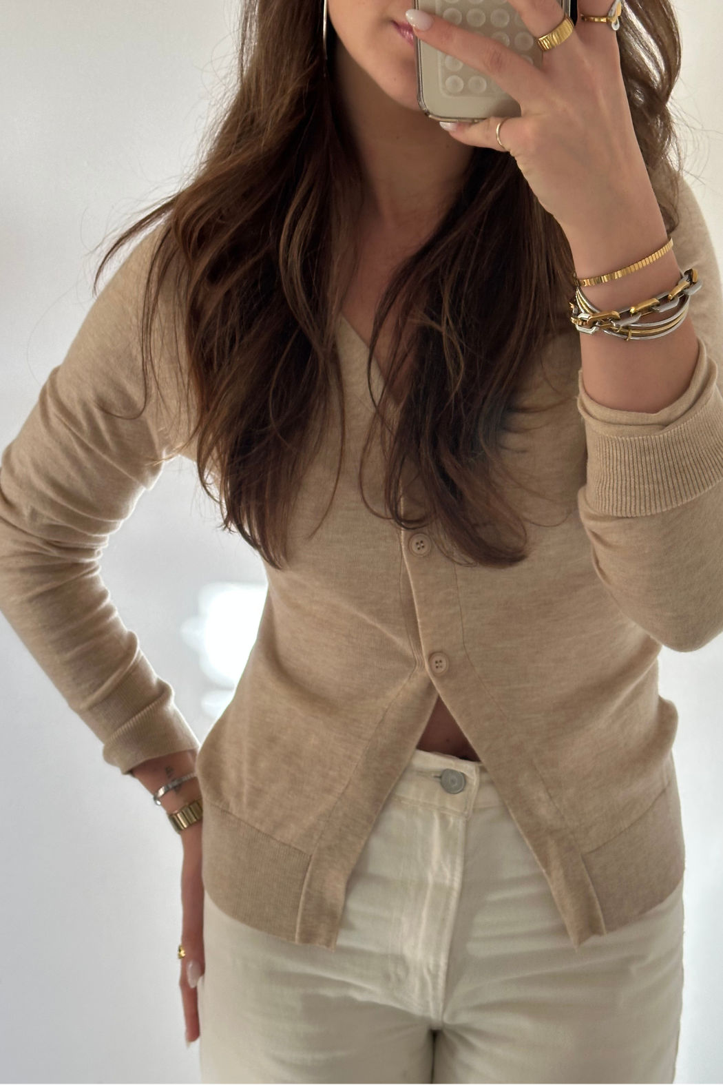 Split Hem Longline Knit Cardigan - Beige