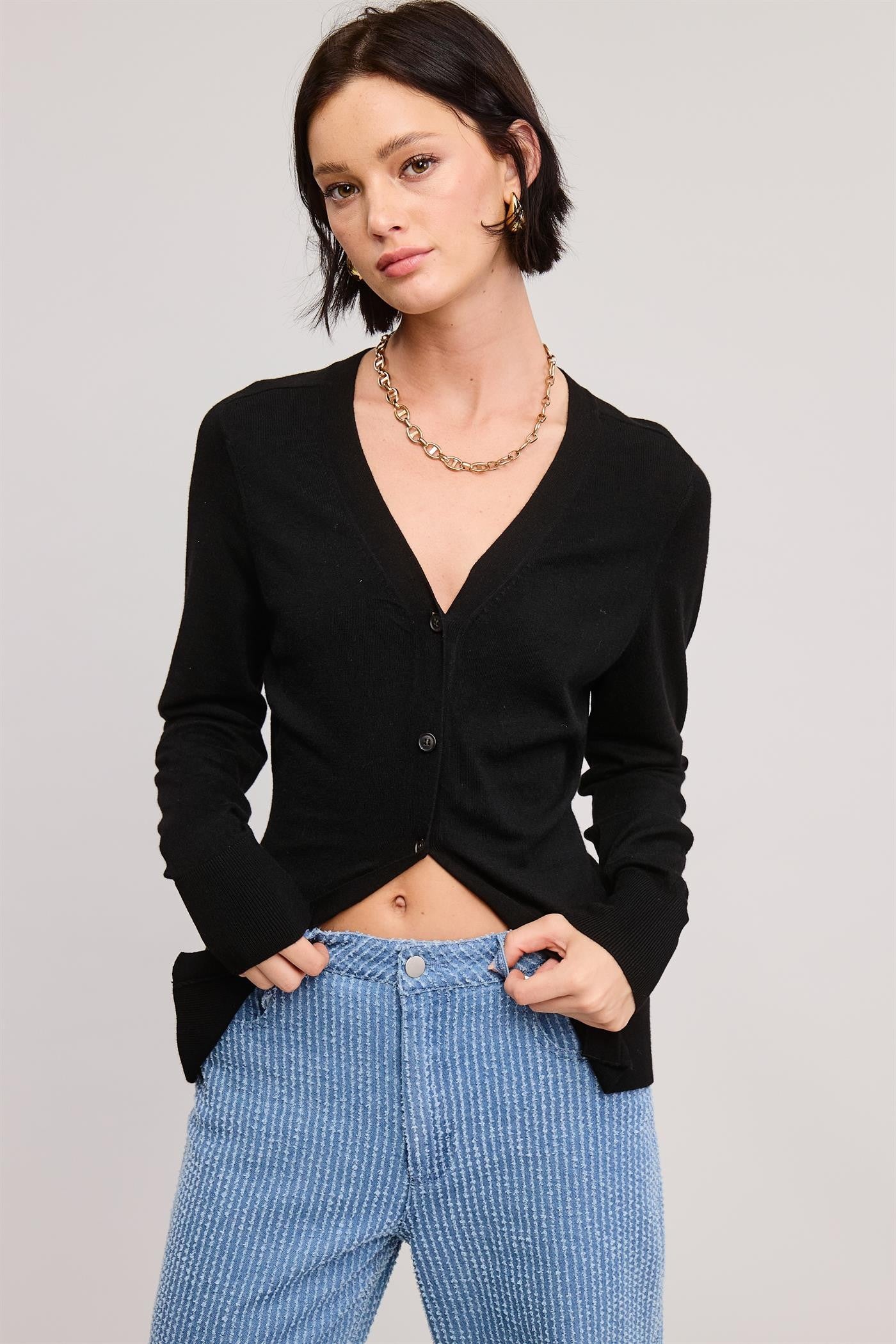 Split Hem Longline Knit Cardigan - Black