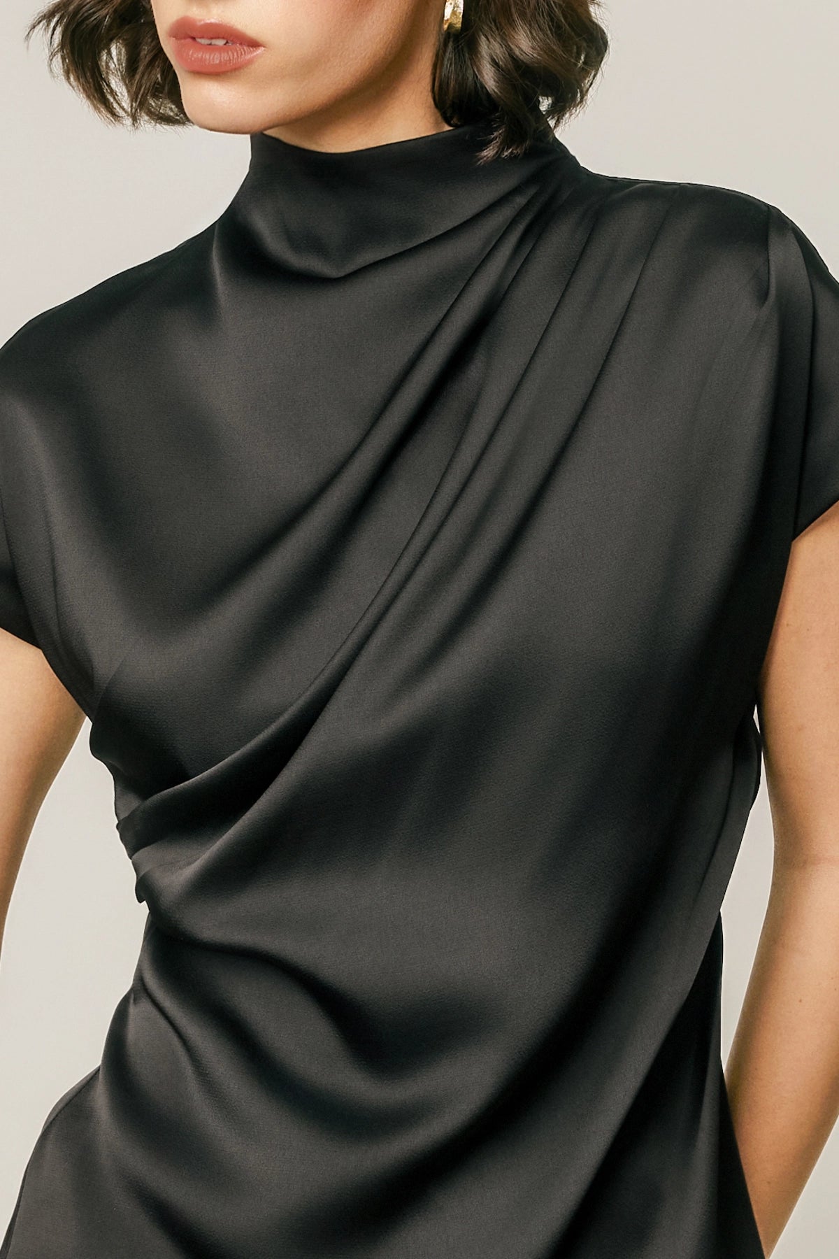 Draped Satin Mock Neck Blouse - Black