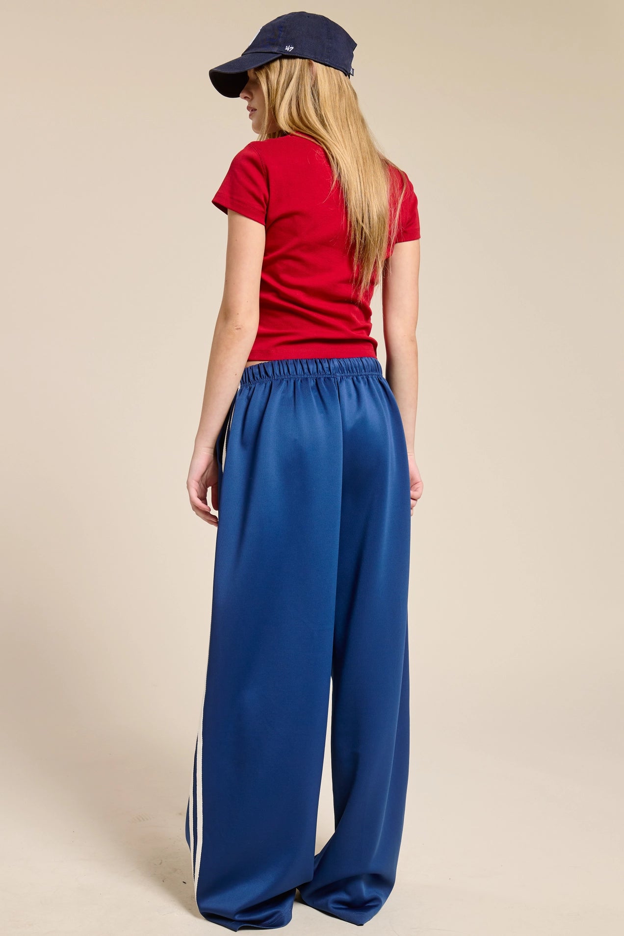 Wide Leg Satin Track Pants - Blue