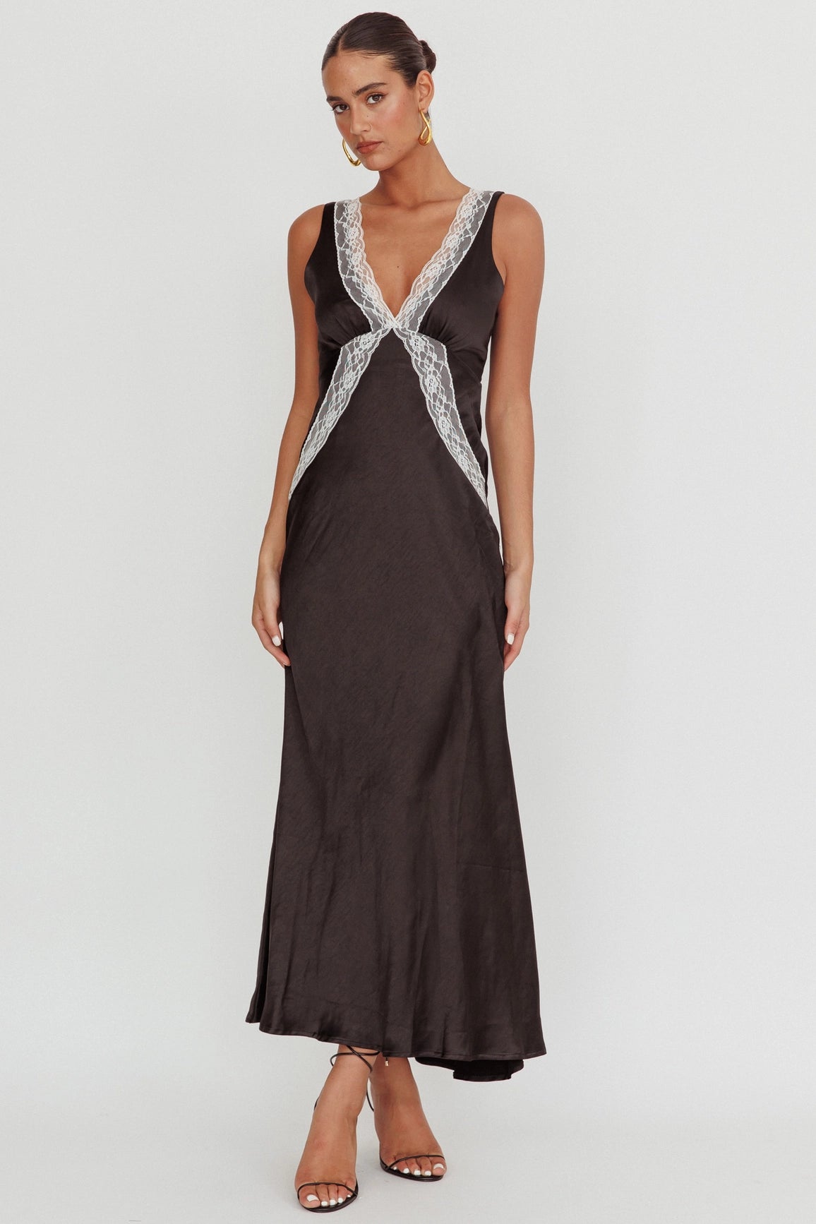 Lace Trim Satin Maxi Dress