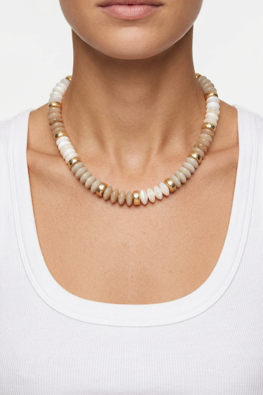 Chunky Disc Beaded Necklace - Brown/Ivory