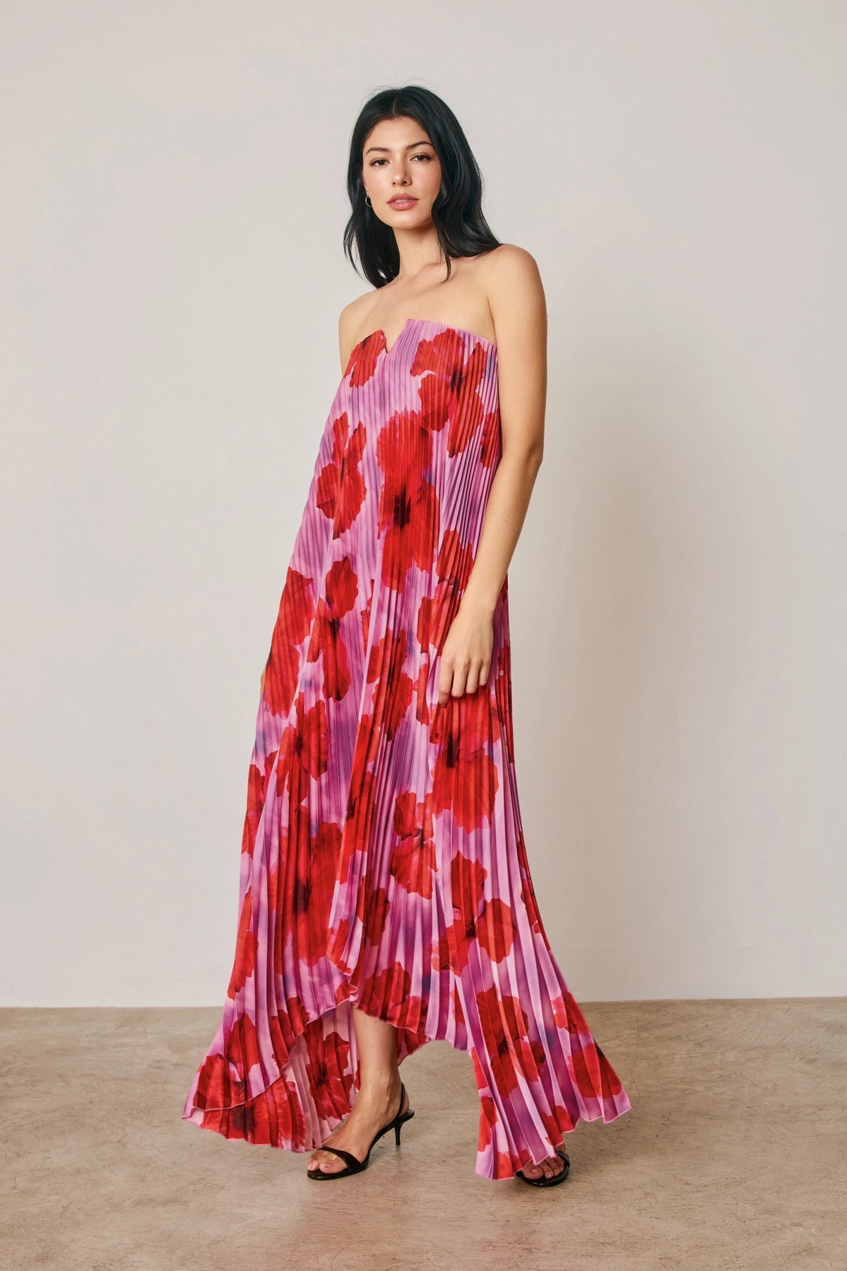 Tropical Floral Pleated Maxi Dress - Hibiscus Bloom