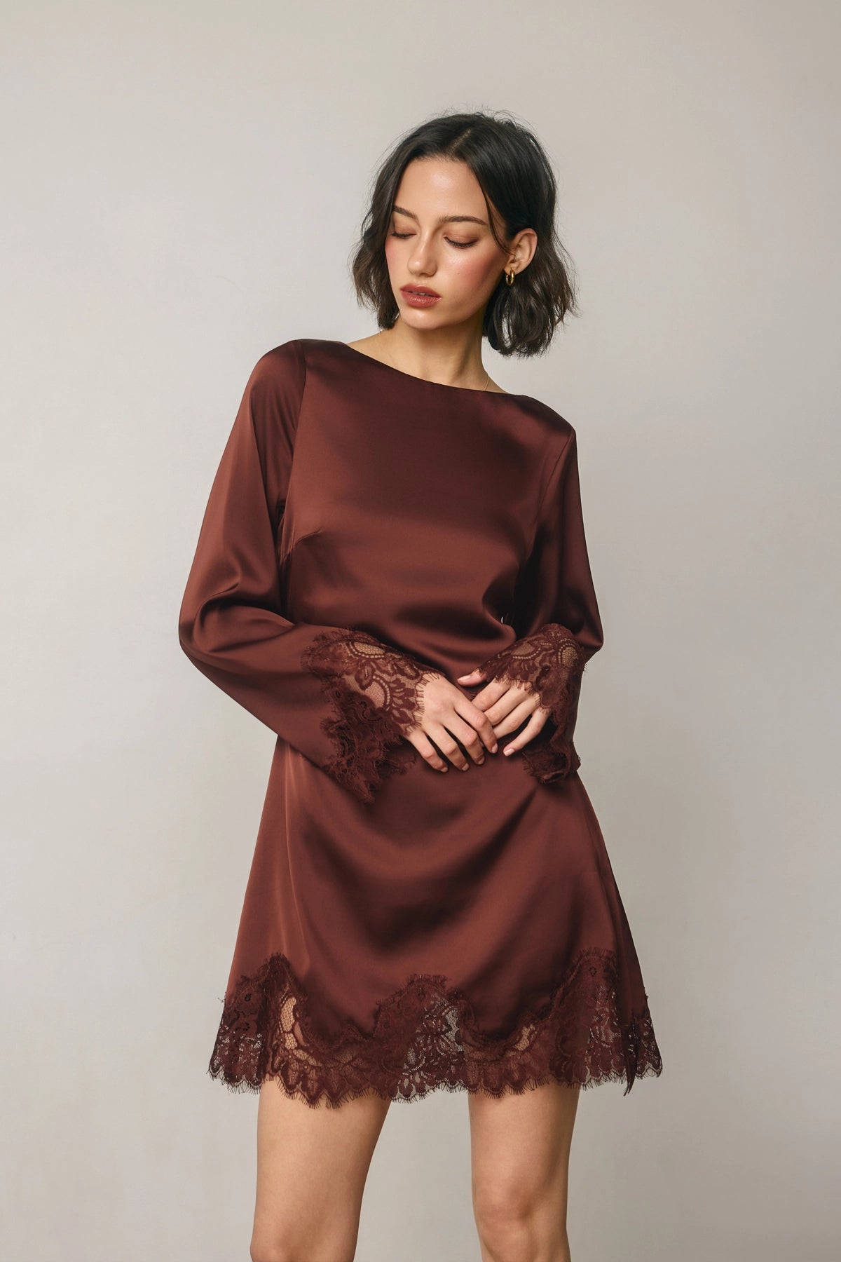 Satin Lace Mini Dress - Rum Raisin