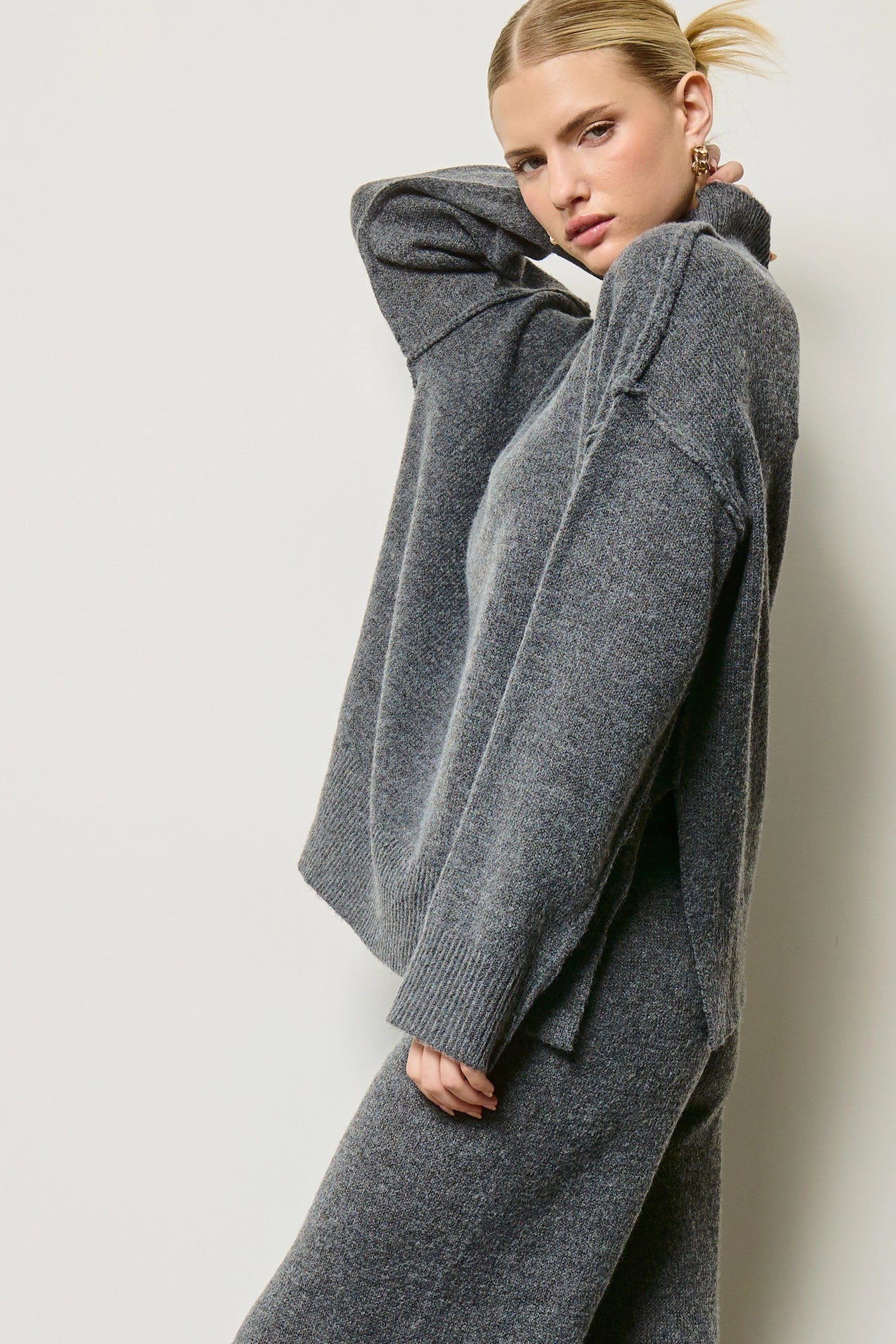 Mock Neck Knit Sweater Set - Charcoal