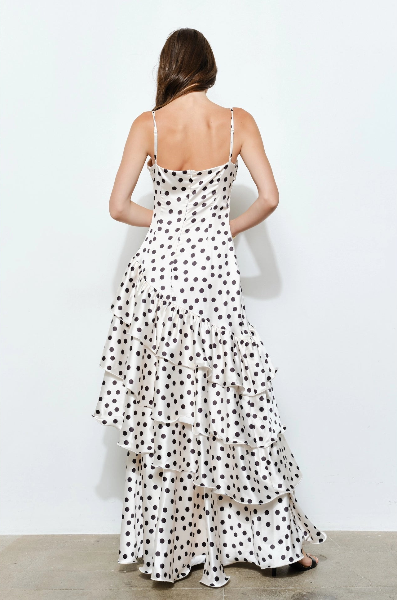Satin Polka Dot Ruffle Maxi Dress - White