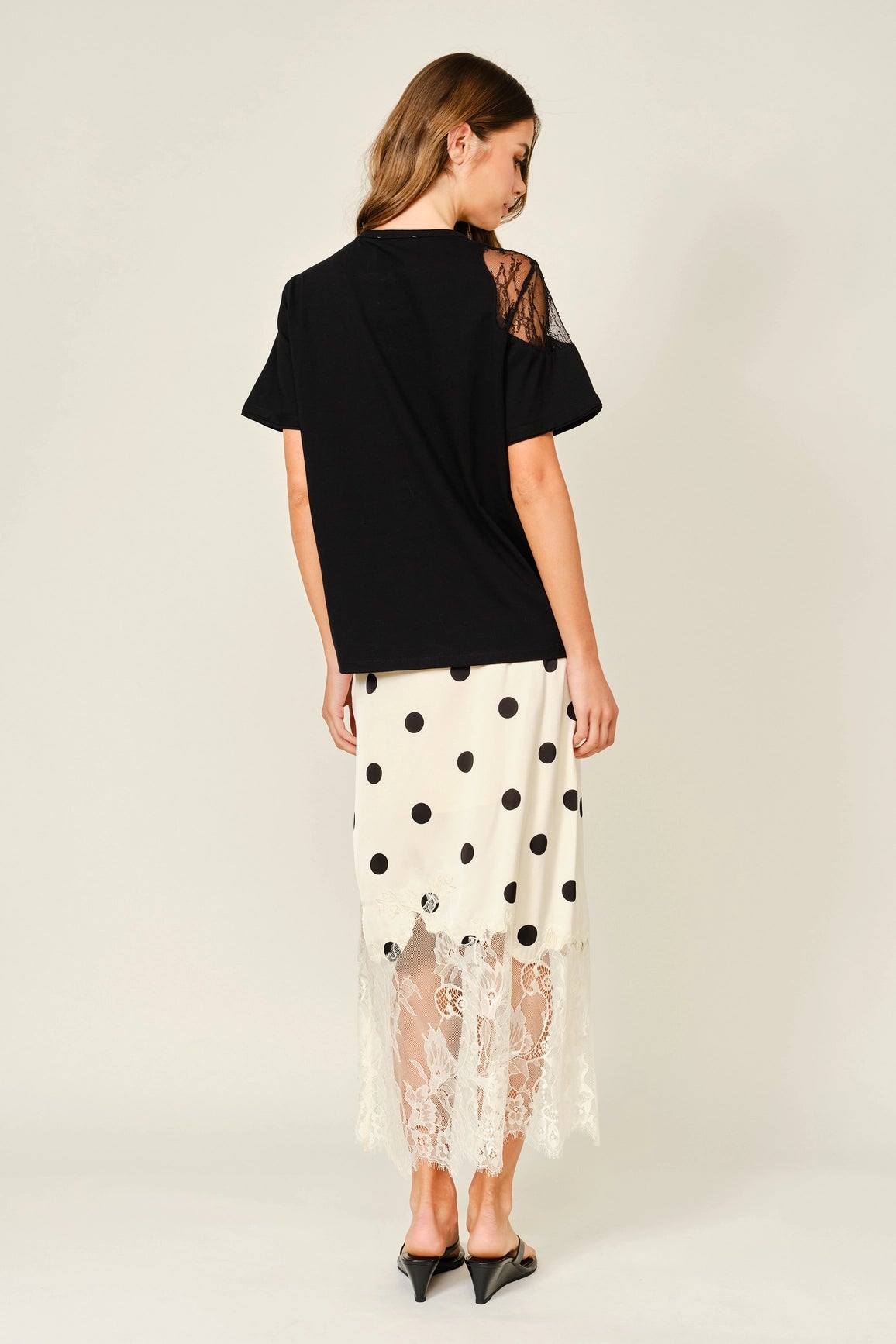 Polka Dot Lace Satin Midi Skirt
