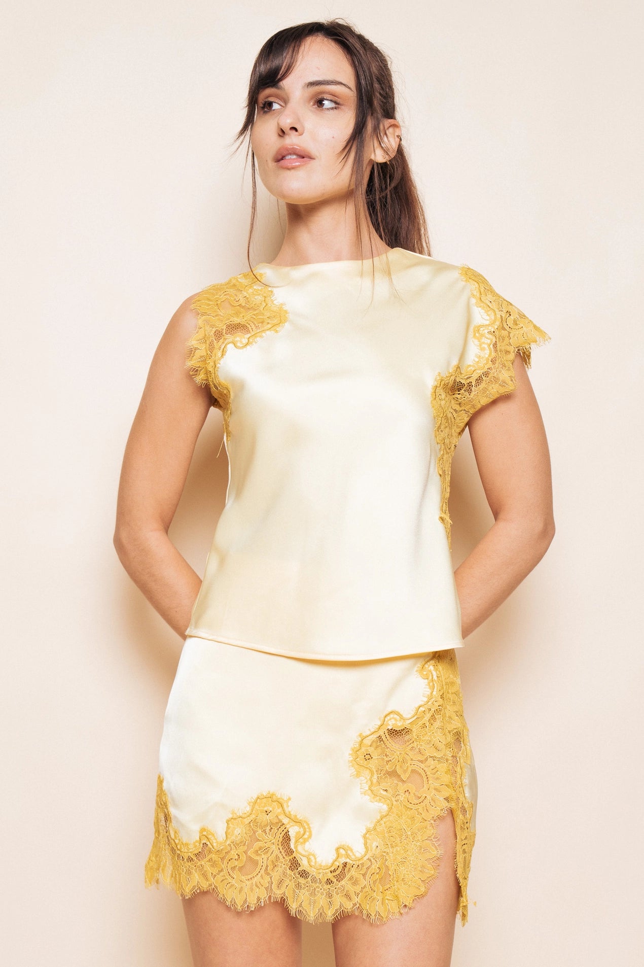 Gold Asymmetrical Lace Panel Top