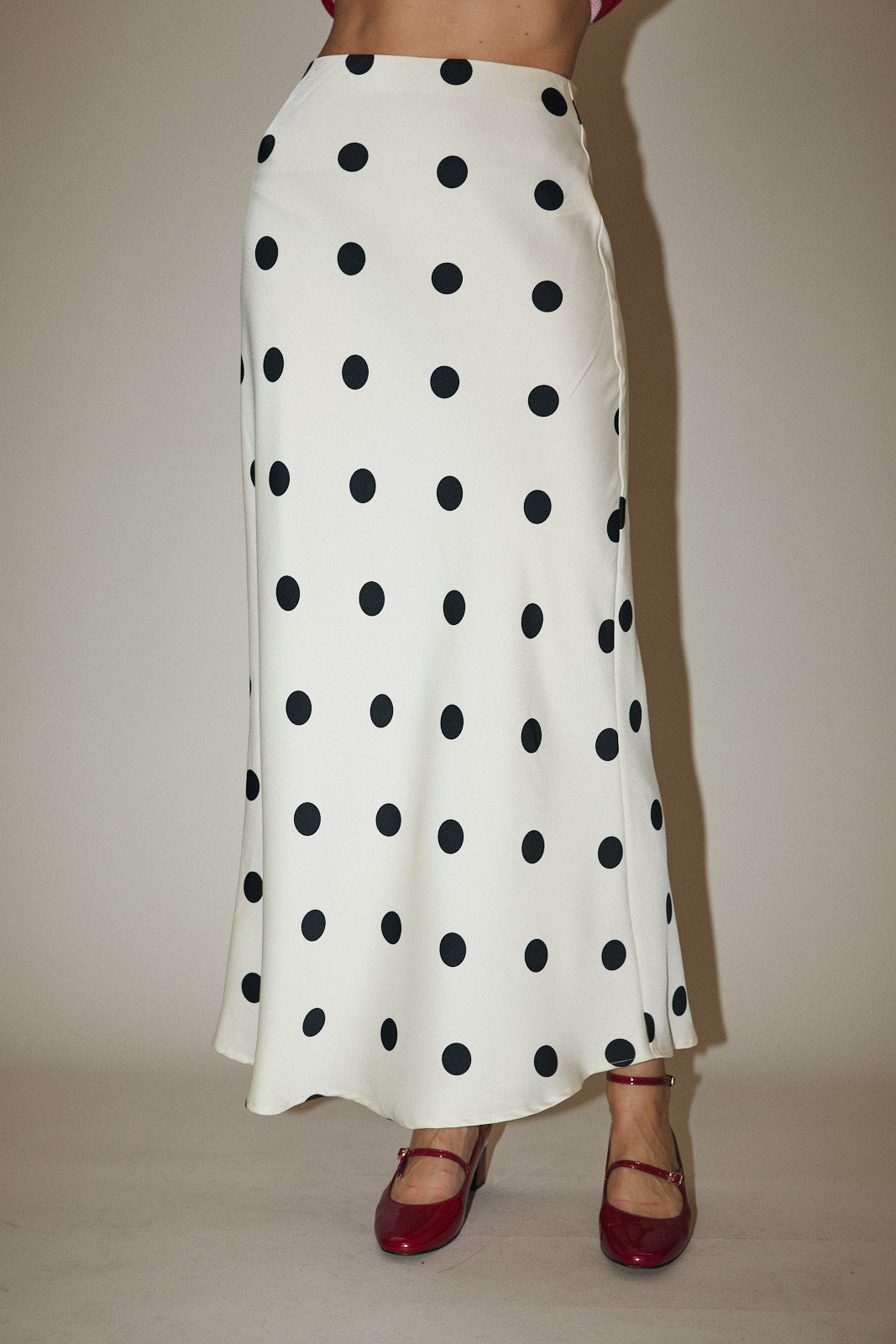 Polka Dot Satin Midi Skirt - White