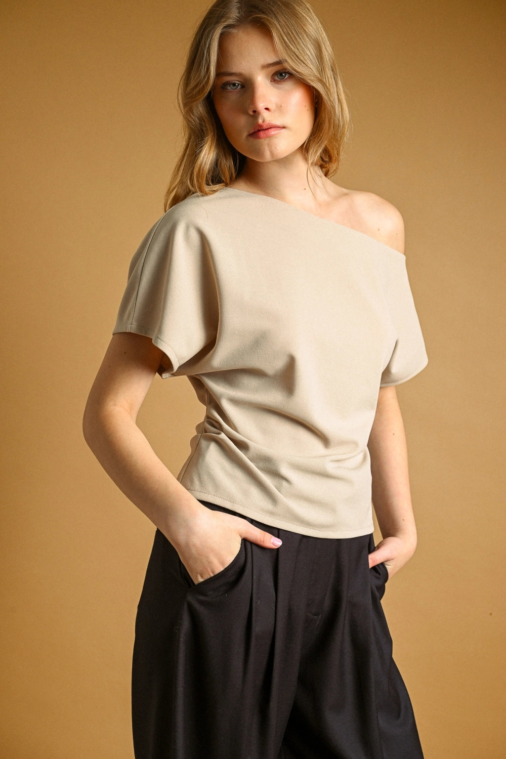 Boat Neck Asymmetric Top - Stone
