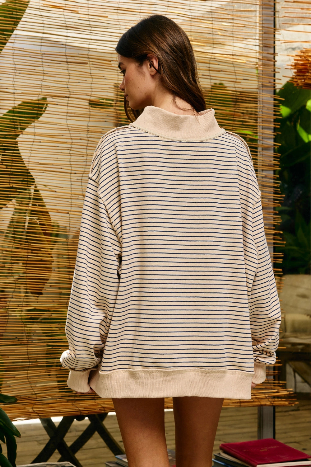 Striped Mock Neck Oversized Sweatshirt
