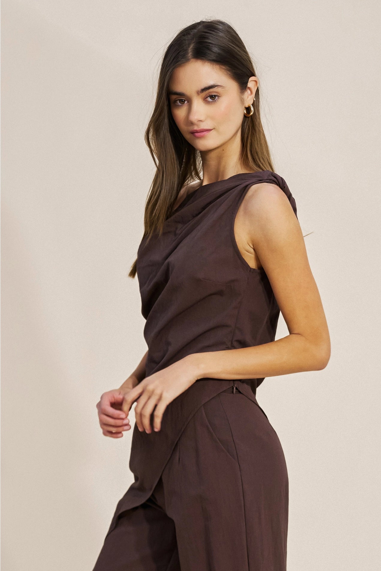 Asymmetrical One Shoulder Top - Brown