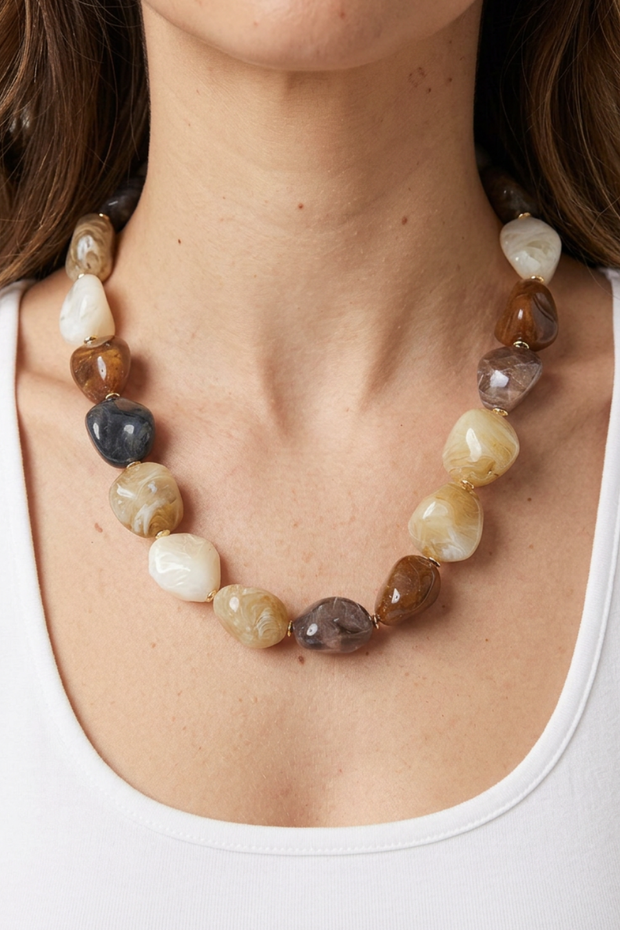 Chunky Pebble Beaded Necklace - Brown