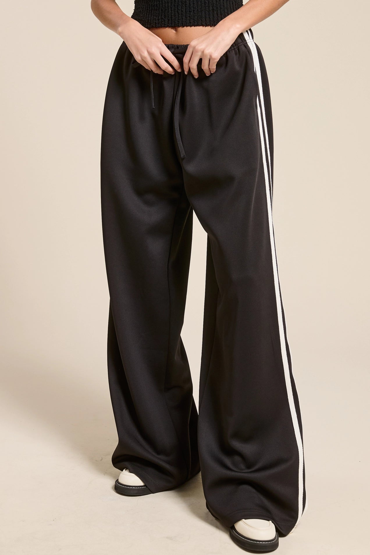 Wide Leg Satin Track Pants - Black