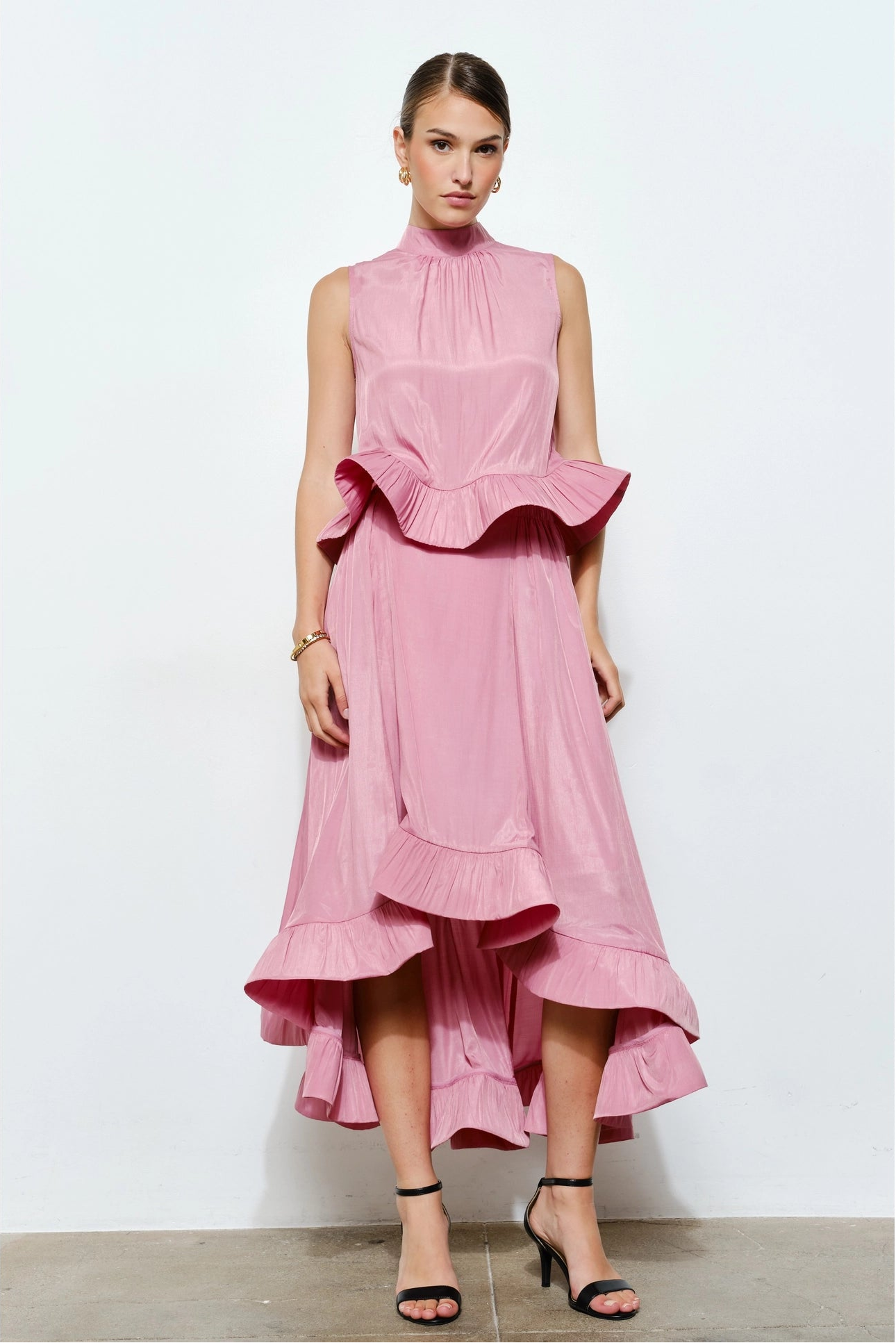 midi pink ruffle dress Ruffled High-Low Midi Skirt - Pink