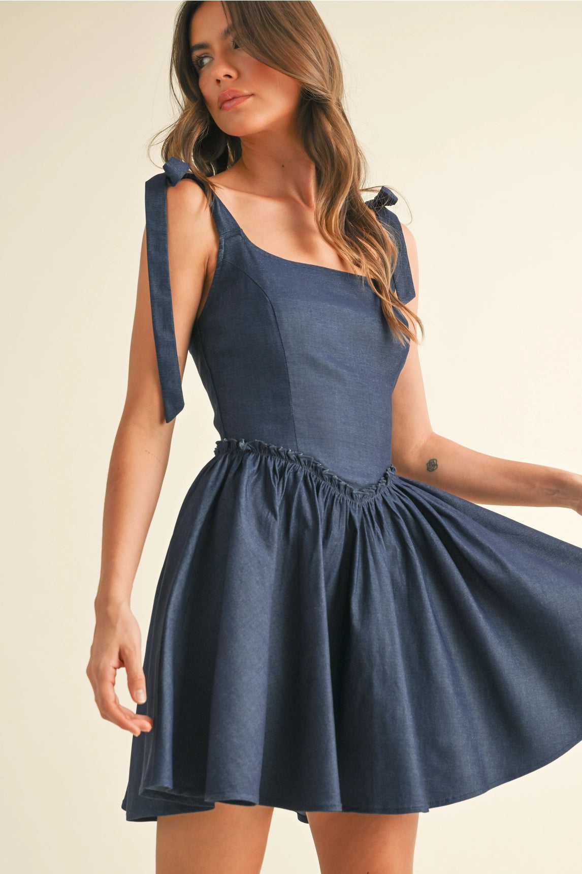 Lace Up Flared Mini Dress - Dark Blue