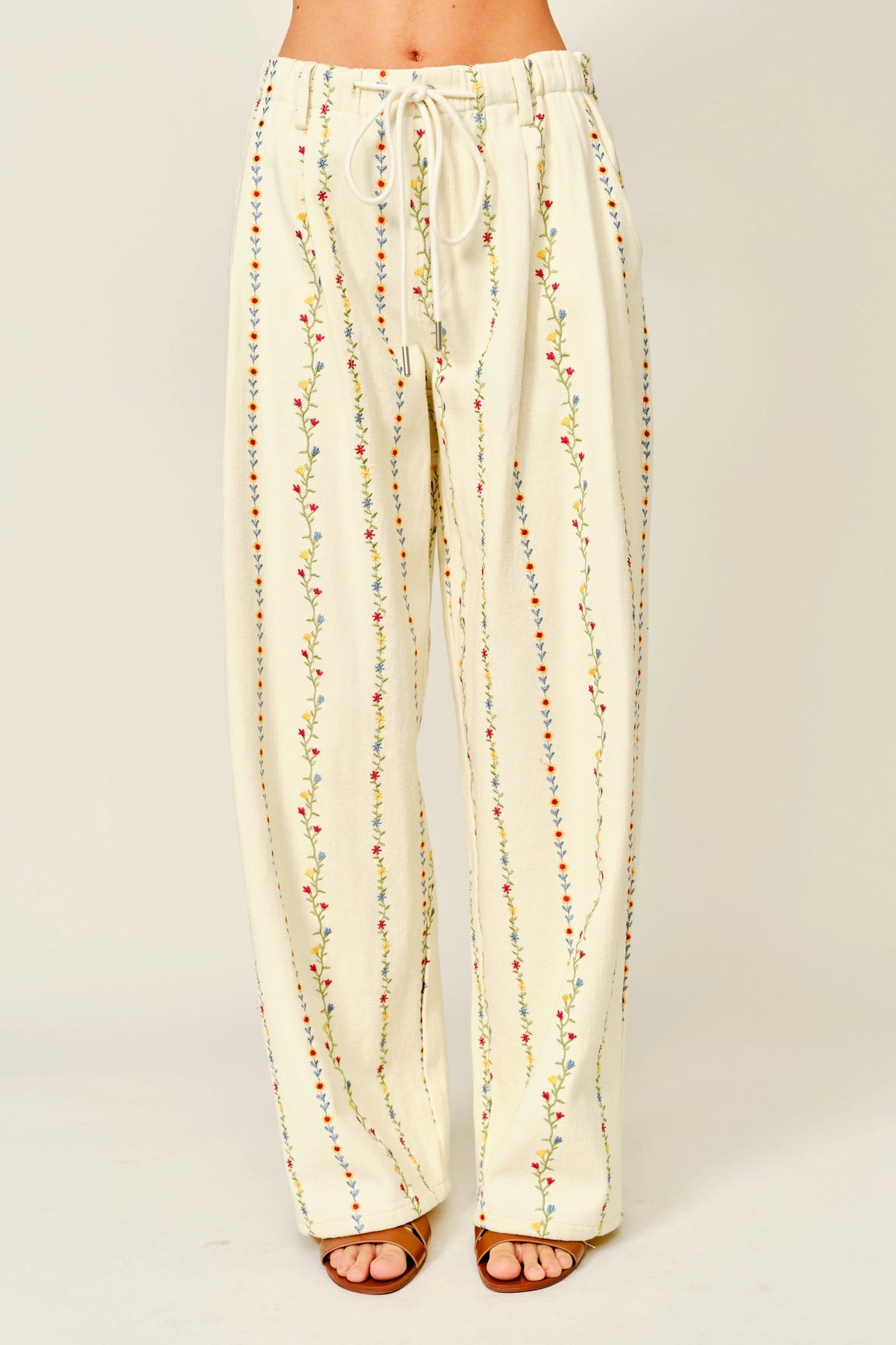 Floral Embroidered Pleated Pants
