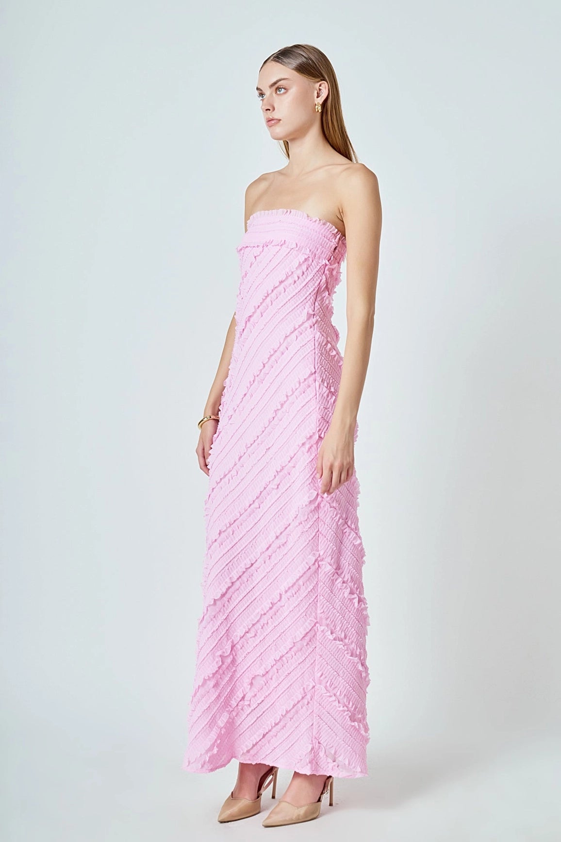 Endless Rose - Strapless Ruffled Maxi Dress - Pink