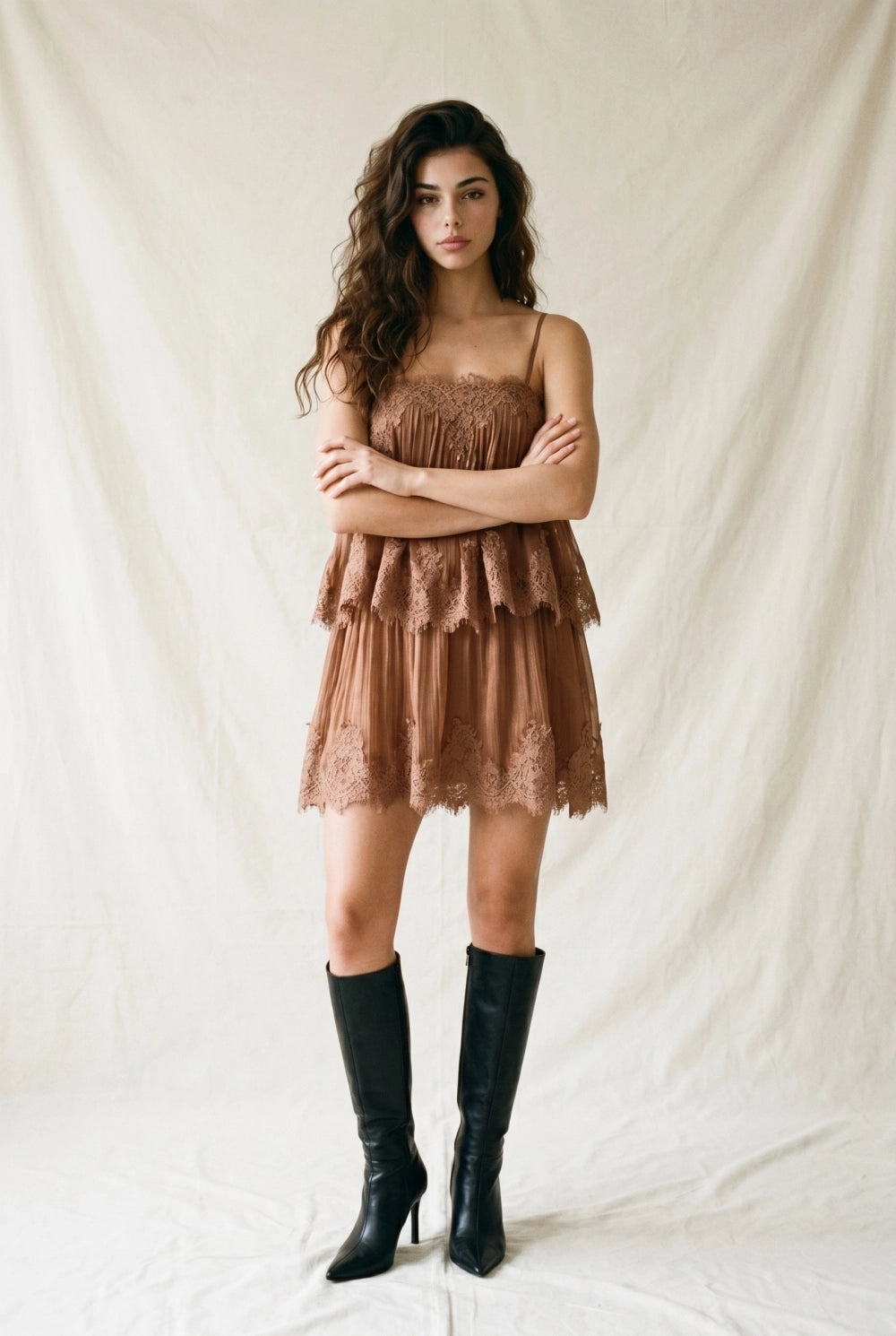 Lace Babydoll Mini Dress - Mocha