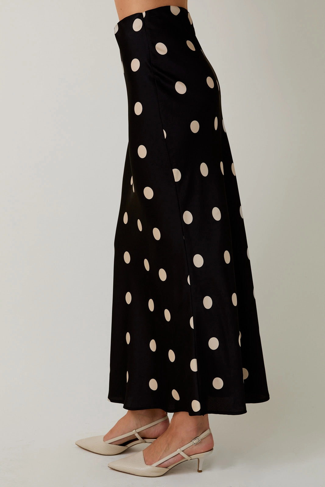 Polka Dot Satin Midi Skirt - Black