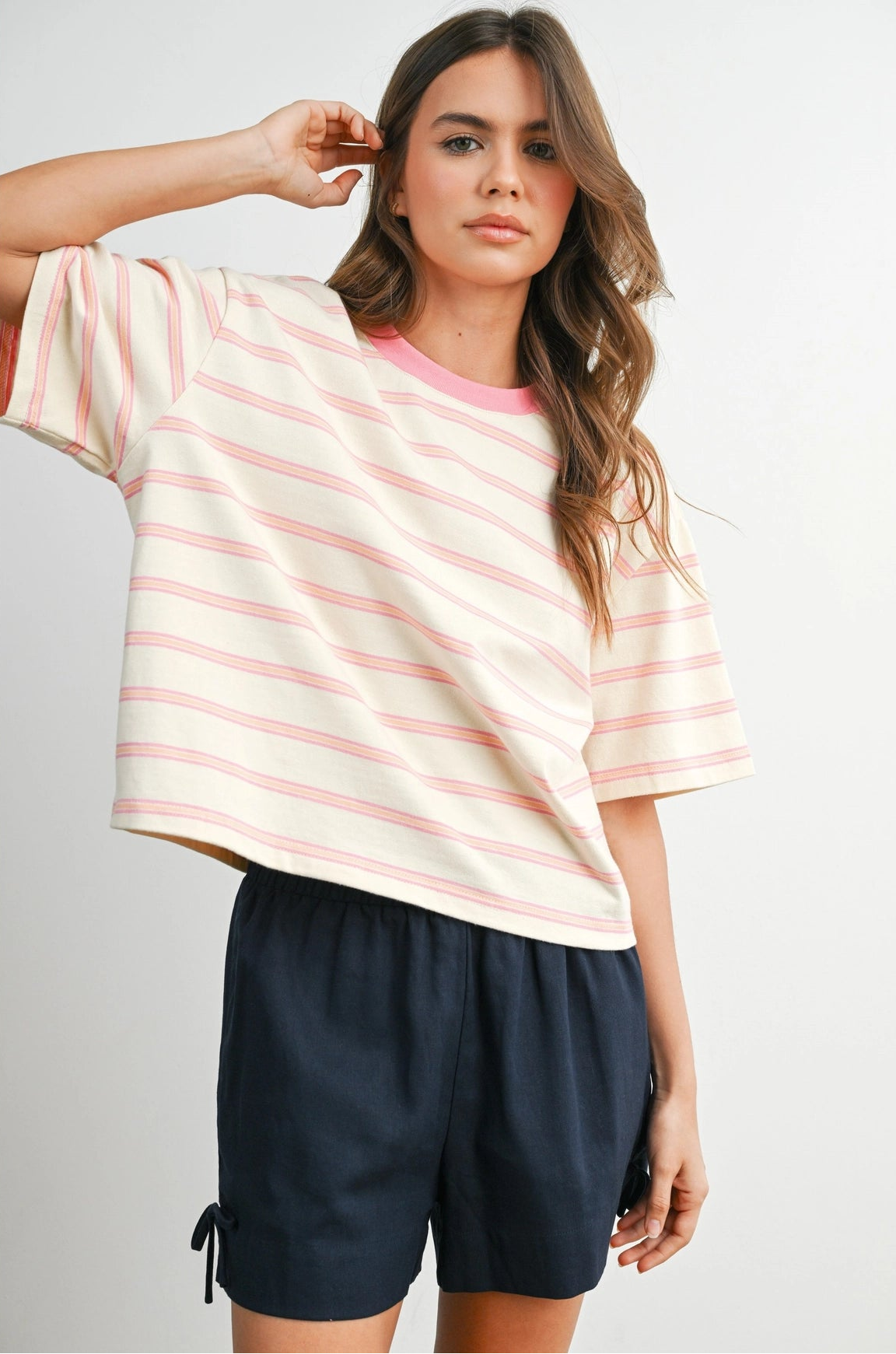 Striped Boxy Cropped Tee - Ivory/Pink