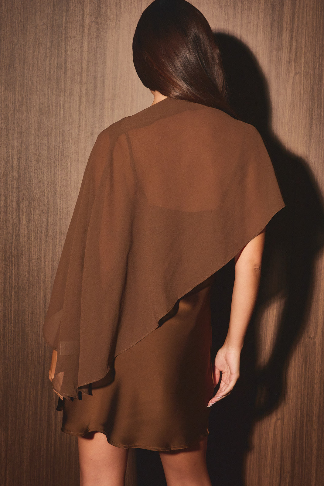 Satin Sheer Cape Mini Dress - Brown