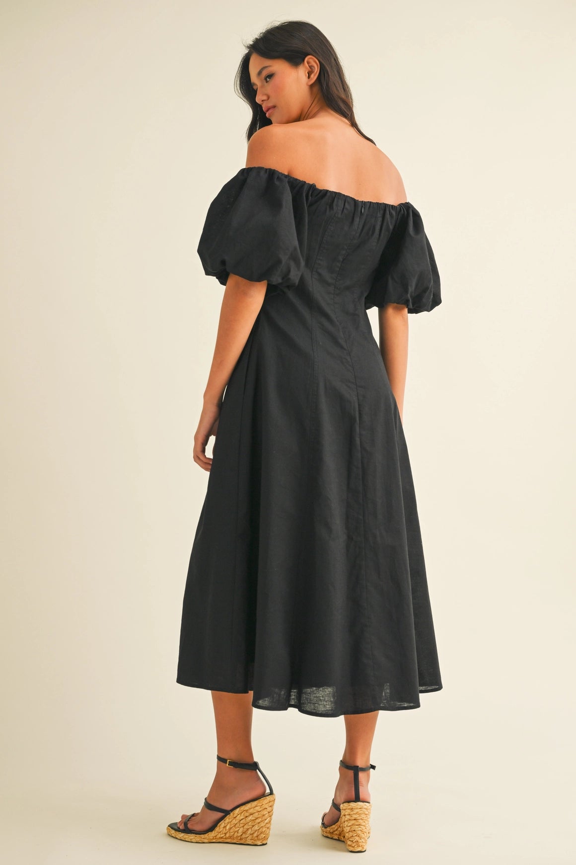 Off Shoulder A-Line Midi Dress - Black