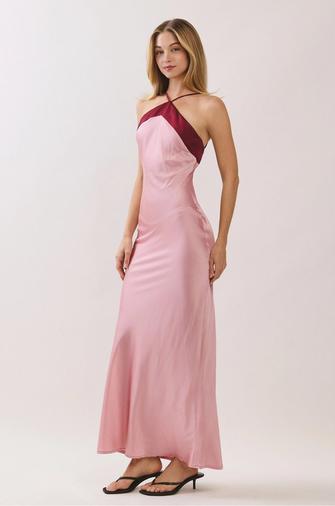 Colorblock Satin Halter Maxi Dress - Pink