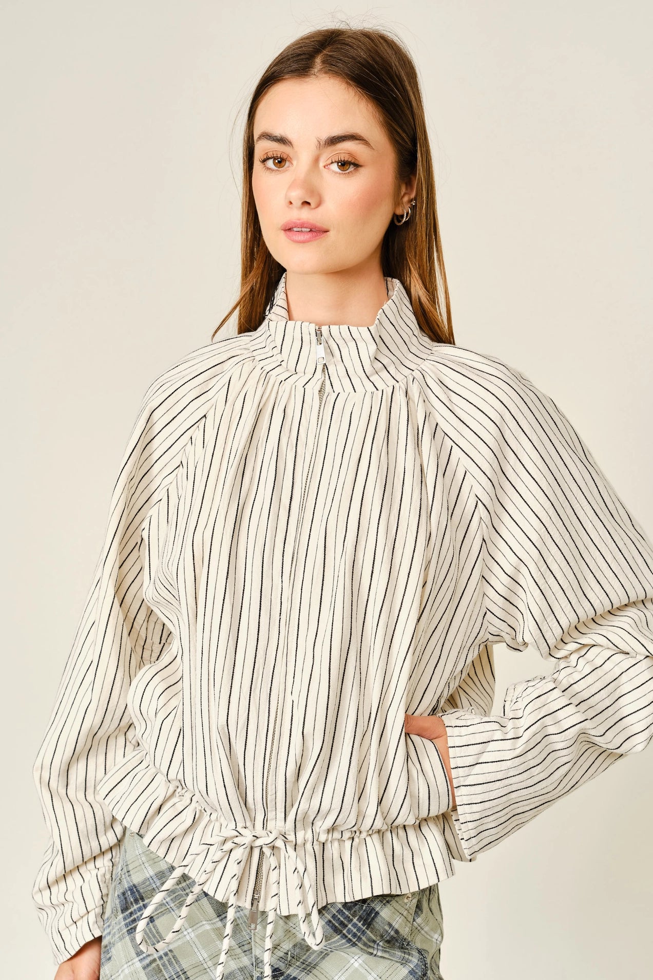 Pinstripe Funnel Neck Balloon Jacket