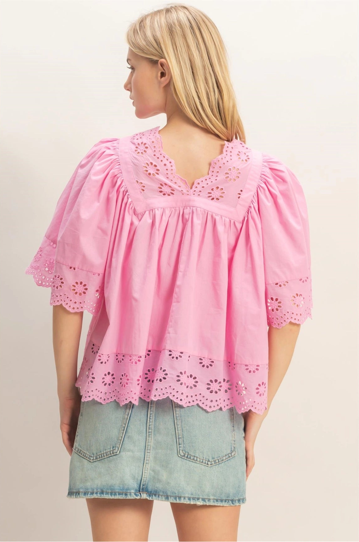 Scalloped Eyelet Babydoll Top - Pink
