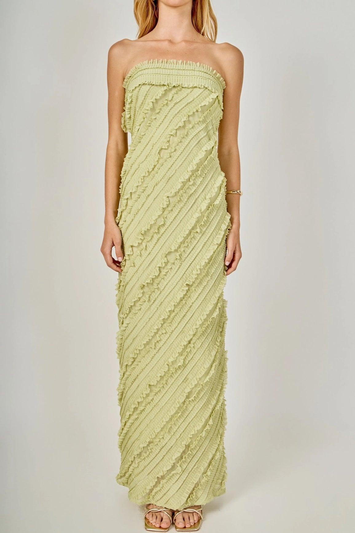 Endless Rose - Strapless Ruffled Maxi Dress - Pistachio