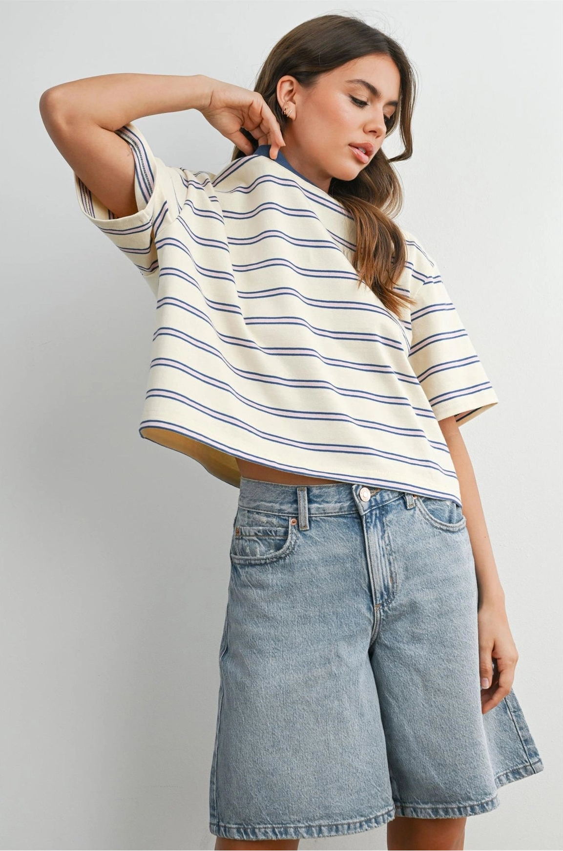 Striped Boxy Cropped Tee - Ivory/Blue