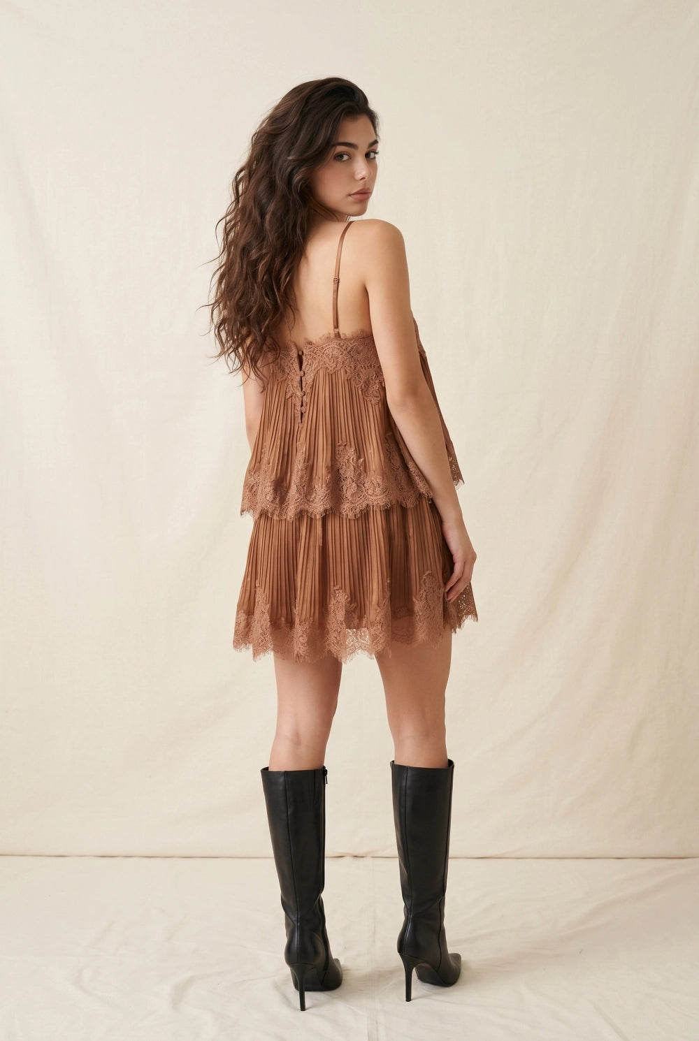 Lace Babydoll Mini Dress - Mocha