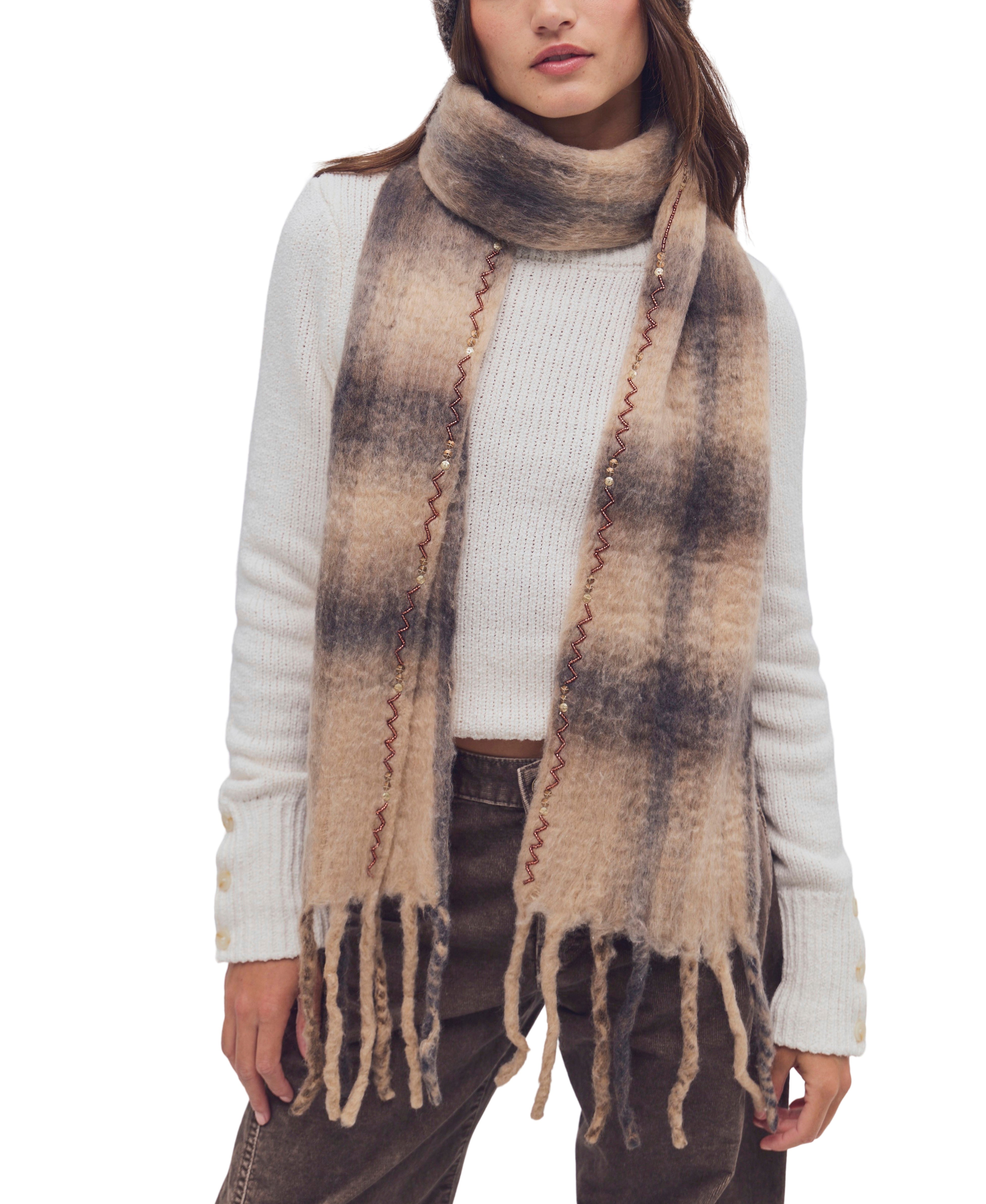 Free People - Highland Plaid Skinny Scarf - Neutral Combo