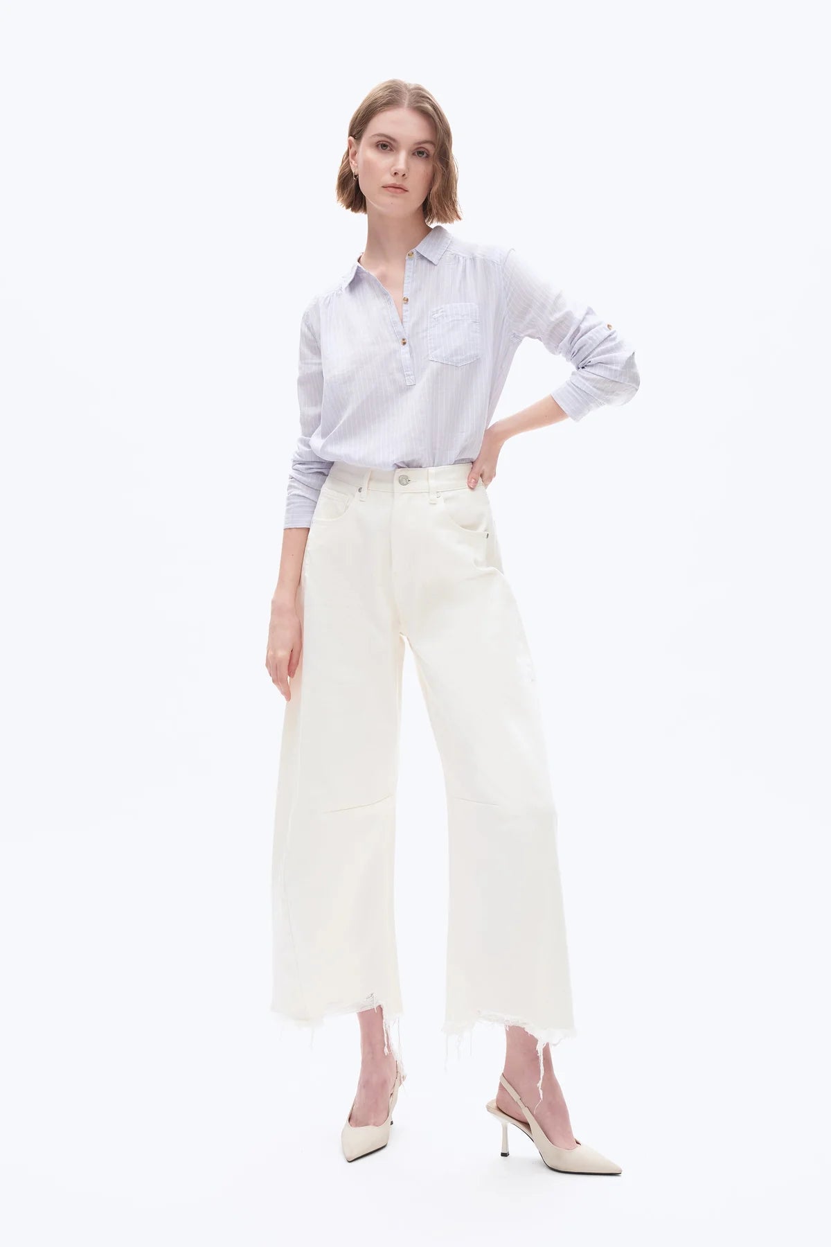 Frayed Hem Barrel Jeans - White