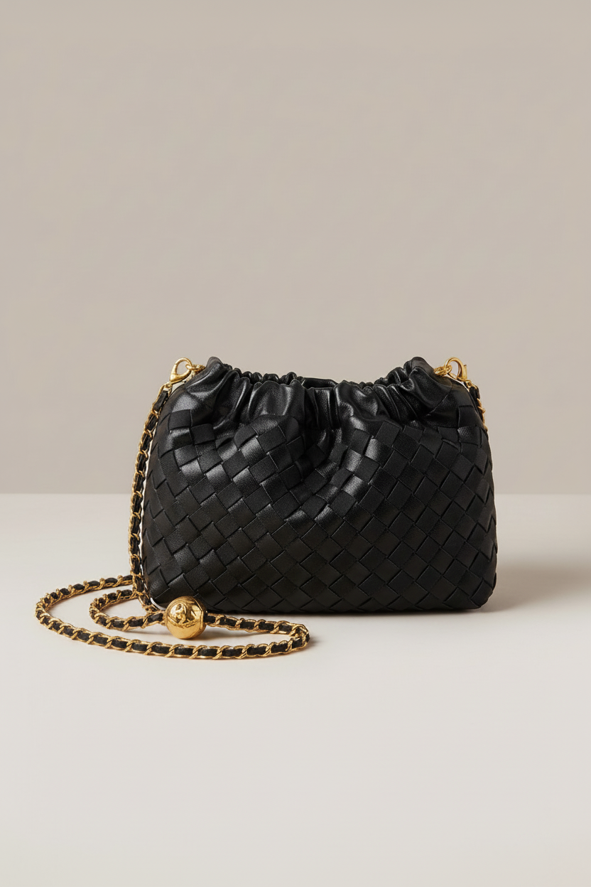 Cloud Woven Shoulder Bag - Black Suede