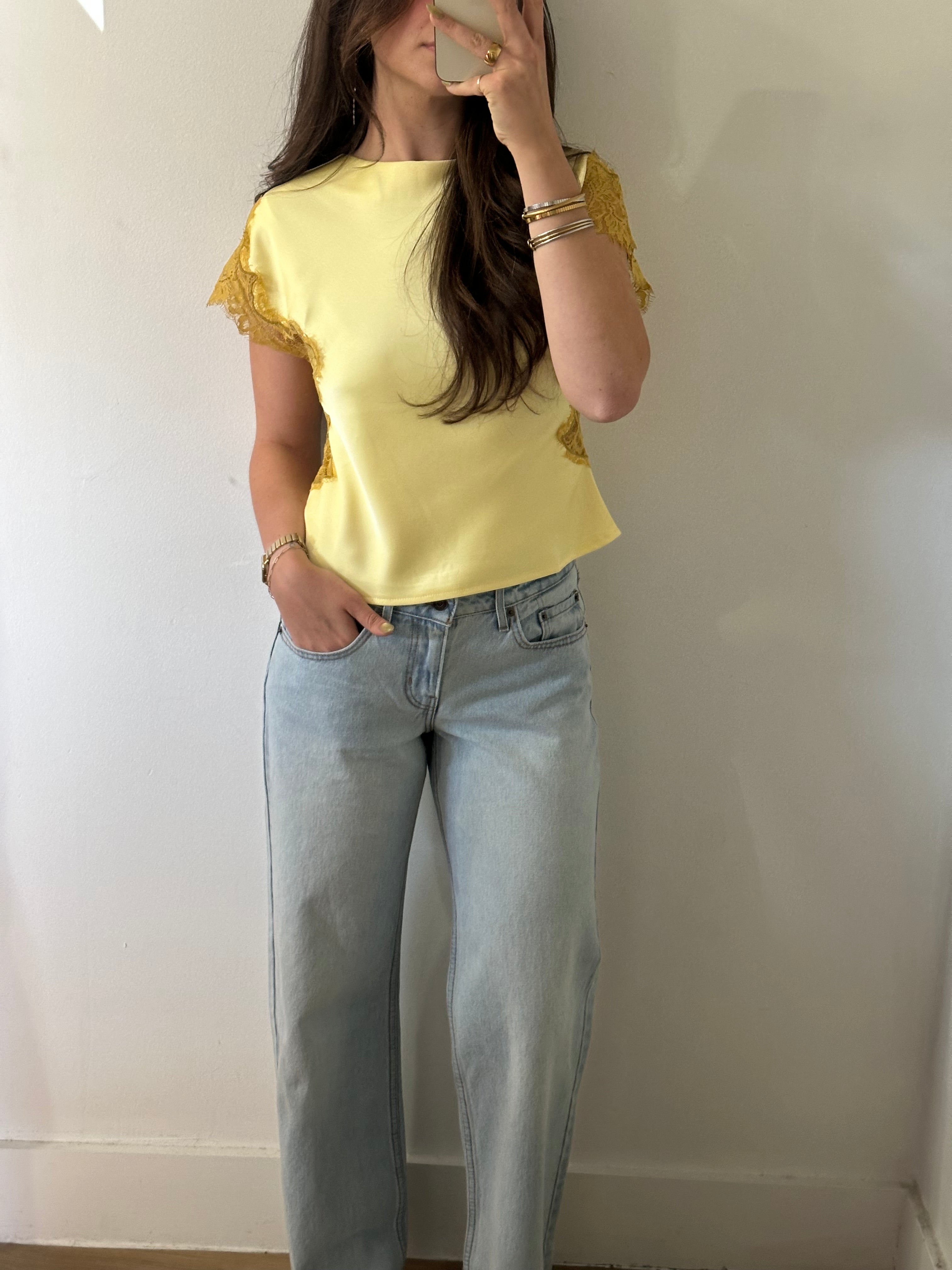 Gold Asymmetrical Lace Panel Top