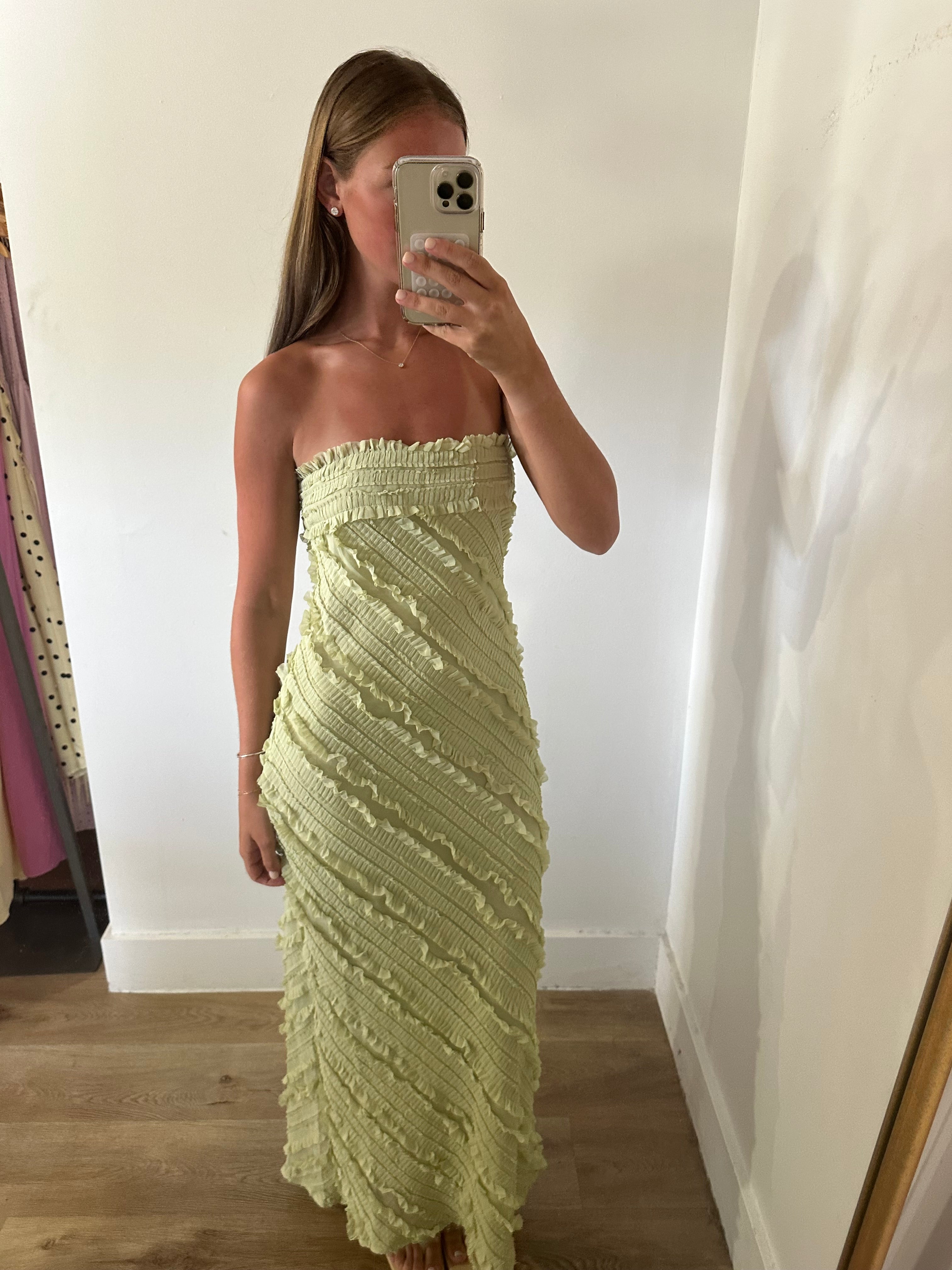Endless Rose - Strapless Ruffled Maxi Dress - Pistachio