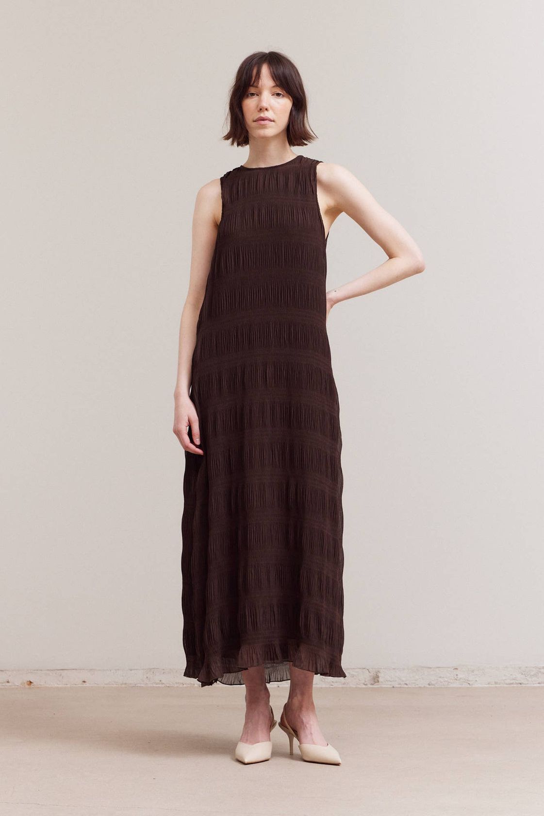 Pleated Chiffon Midi Dress - Chocolate