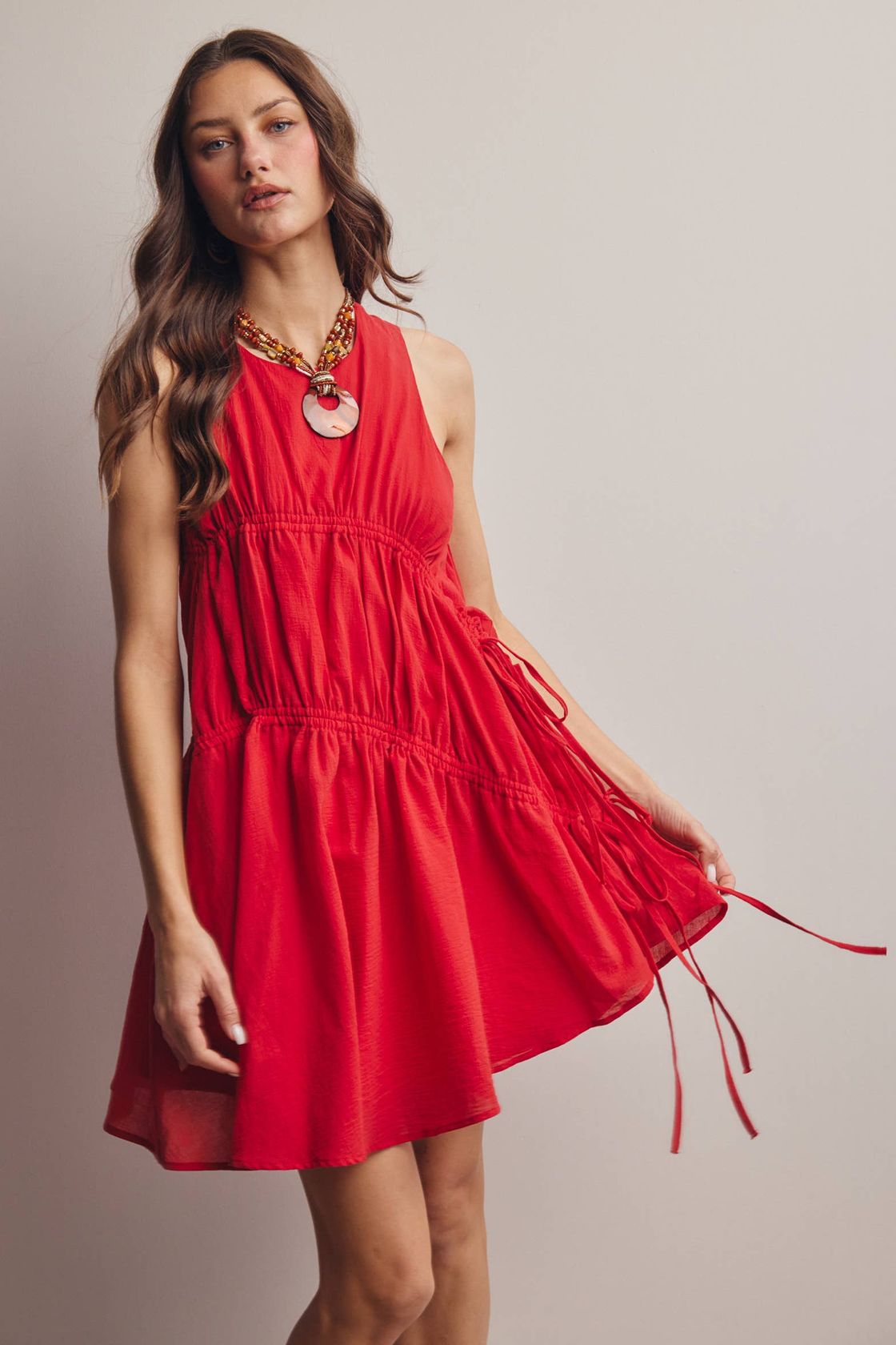 red mini ruched dress Ruched Tie Mini Dress M