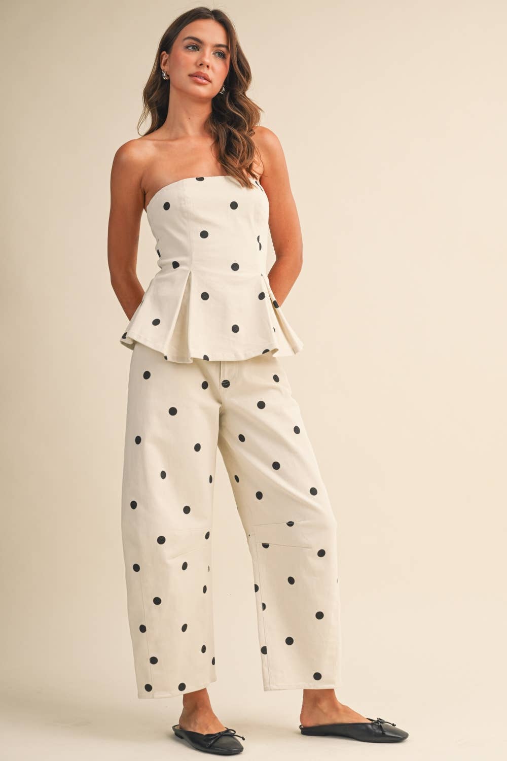 Polkadot Strapless Top And Barrel Pants Set