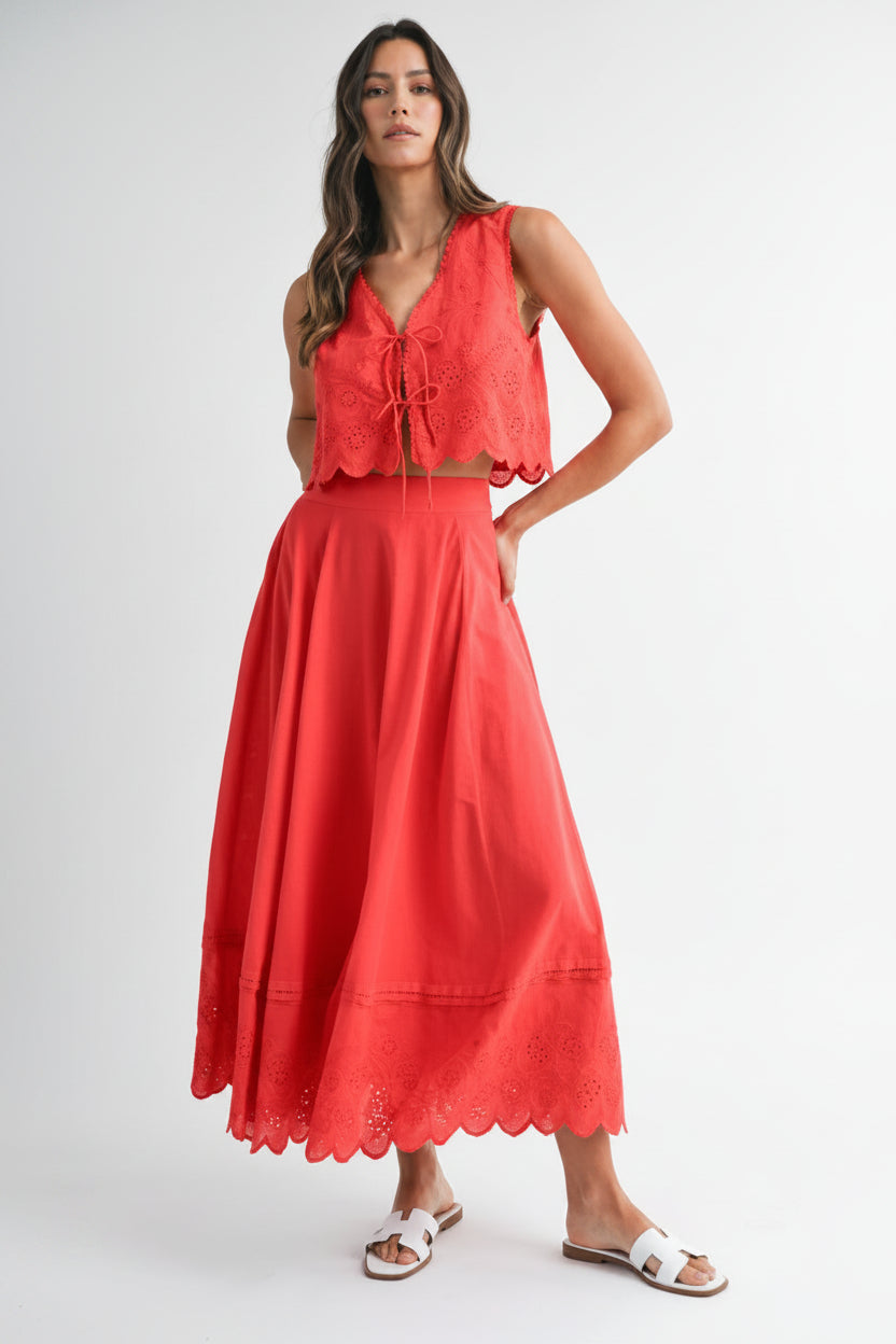 Eyelet Crop Top And Midi Skirt - Red