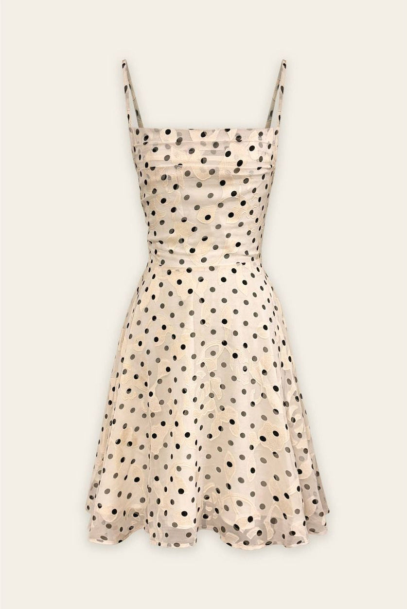 polka dot flared dress Lumalex Women's Elegant White Polka Dot Polka Dot Polka Dot Polka Dot Mesh Crew Neck Sleeveless Fitted Flared Dress, Summer Tea Party Date Night,Wedding Guest
